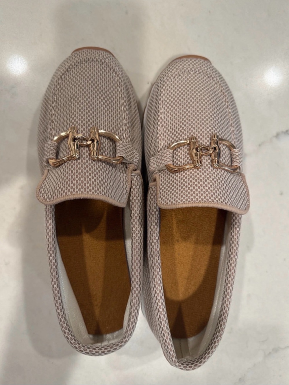 Neutral Mesh Slip-On Loafers with Gold Chain Accent